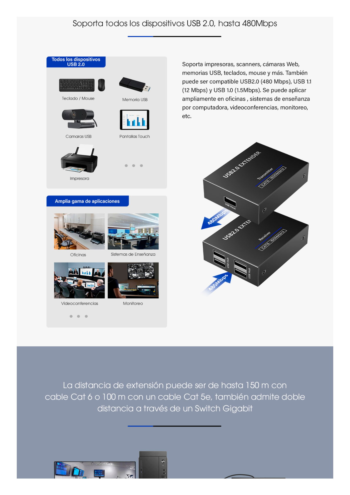 Kit EXTENSOR USB 2.0 de 4 Puertos para Distancias de Hasta  150 m / Soporta USB 2.0, USB 1.1 y USB 1.0 / UTP Cat 5e/6/6a/7 / Soporta Switch Gigabit / Ideal para Cámaras WEB, Impresoras, Escáner, Memorias, Mouse, etc.