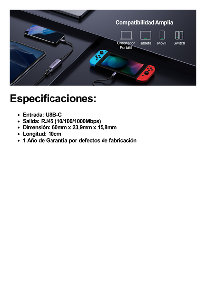 Adaptador de Red USB-C 3.1 (5 Gbps) a RJ45 | Thunderbolt 3 | Admite 10/100/1000 Mbps y 2.5G |  Chip Inteligente | Amplia Compatibilidad | Caja de Aluminio | Longitud del cable 10 cm.