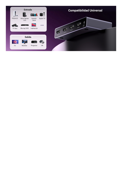 Switch (Splitter) 8K HDMI 2.1 / 3 entradas 1 Salida / Incluye Control Remoto / Soporta 8K@60Hz 4K@120Hz 4K@60Hz 3D / HDR / HDCP 2.3 / Carcasa de Aluminio.