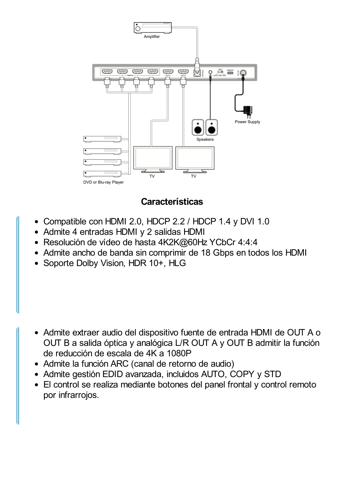 Matricial HDMI | 4x2 | 4K2K@60Hz | HDR | YCbCr 4:4:4 | EDID Auto | Extractor de Audio | Salida de audio análoga y digitalizados | HDCP 2.2 | 18 Gbps