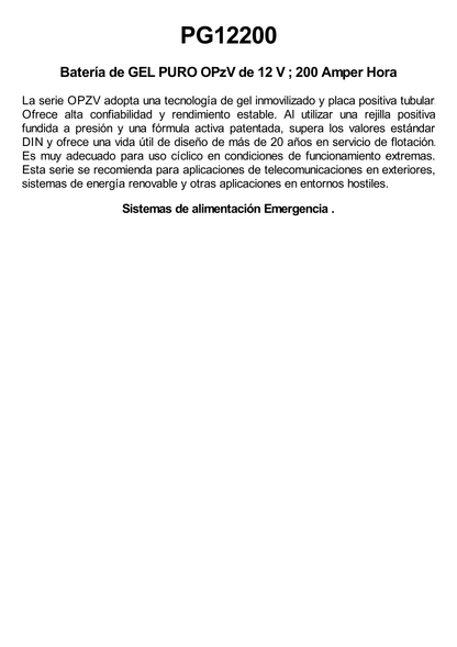 Batería de GEL PURO OPzV / 12 V @ 200 Ah / Ciclo profundo / Uso en Aplicaciones Fotovoltaicas y de Respald