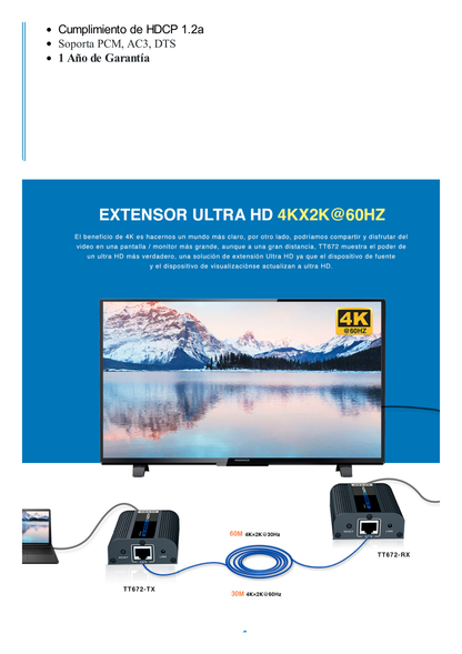 Kit Extensor HDMI para distancias de 30 metros / Resolución 4K x 2K@ 30 Hz/ Cat 6, 6a y 7 / HDCP2.2 / HDMI 2.0  / Soporta PCM, HDbitT / Soporta control remoto del equipo fuente.