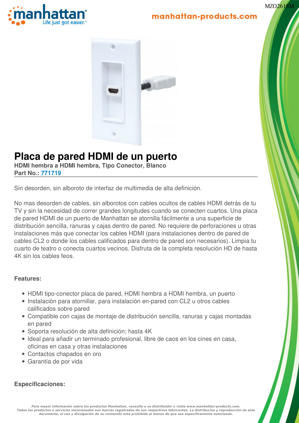 Placa de Pared Intellinet Jack HDMI Blanco Faceplate con 1 Puerto