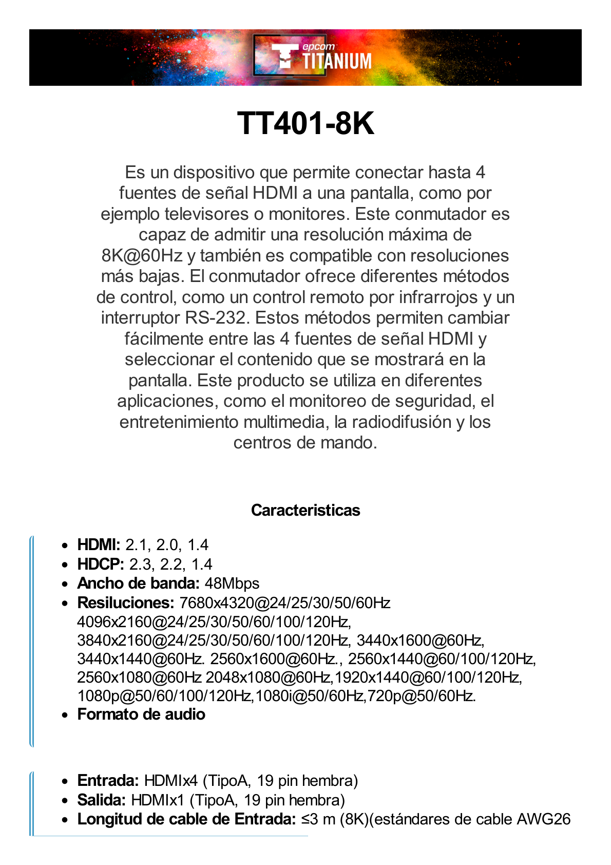 Switch Conmutador  HDMI 4X1 | 4 Entradas 1 Salida | Velocidad de trasmisión 48 Gbps | Resolución 8K | Salida de audio | HDCP 2.3