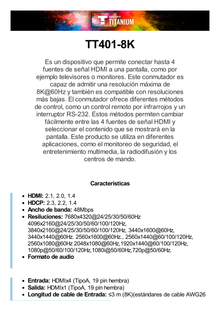 Switch Conmutador  HDMI 4X1 | 4 Entradas 1 Salida | Velocidad de trasmisión 48 Gbps | Resolución 8K | Salida de audio | HDCP 2.3