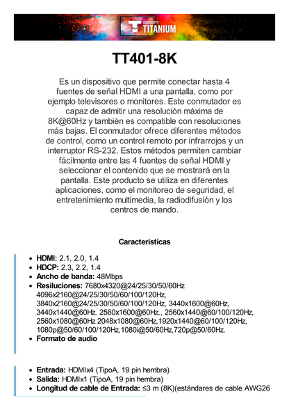 Switch Conmutador  HDMI 4X1 | 4 Entradas 1 Salida | Velocidad de trasmisión 48 Gbps | Resolución 8K | Salida de audio | HDCP 2.3