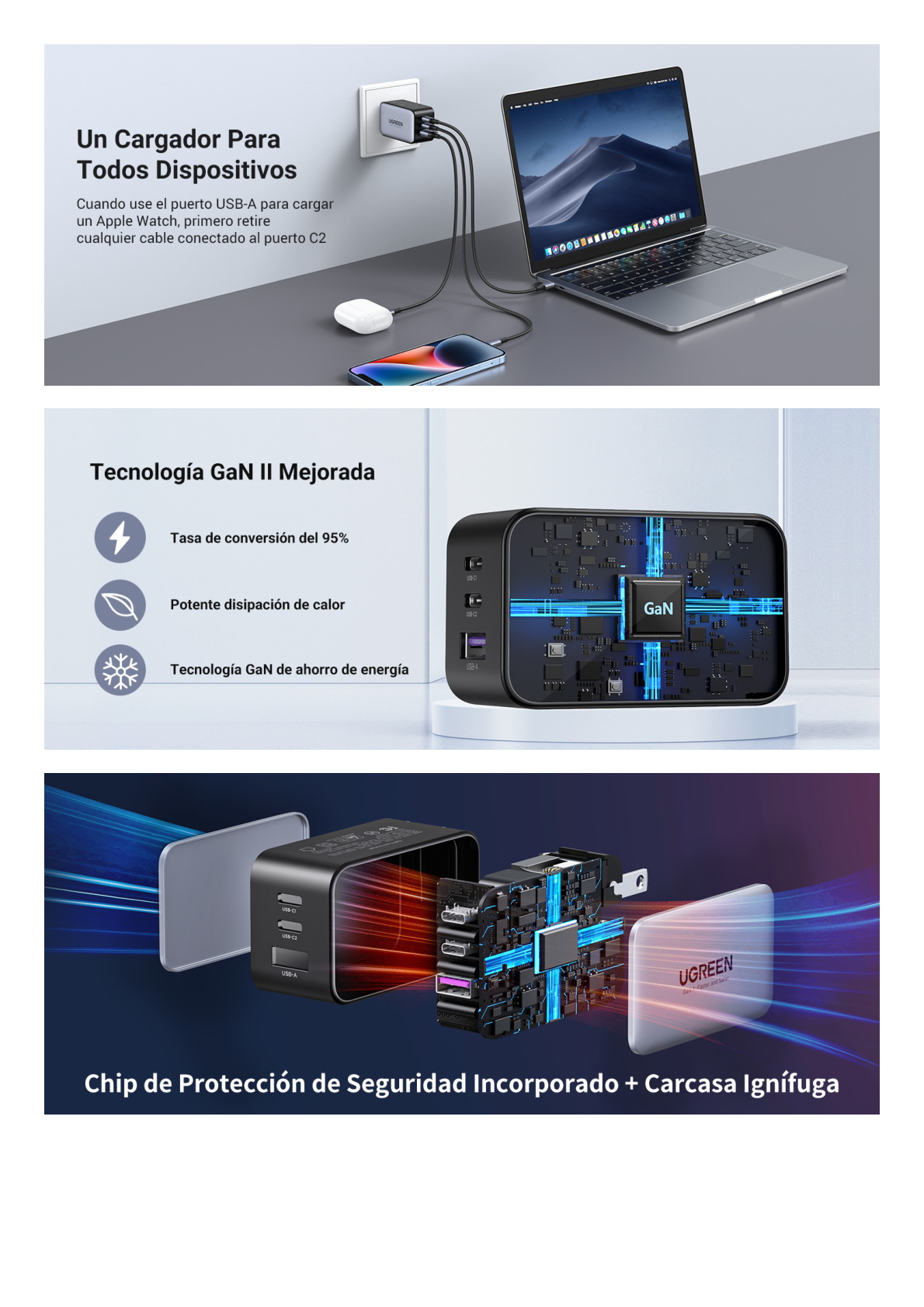 Cargador de 65W serie Nexode | 3 Puertos de Carga Rápida | 2 USB-C | 1 USB-A | Tecnología GaN II | Power Delivery 3.0 | Quick Charge 4.0 | Chip Confiable y Carga Inteligente | Optimiza la Experiencia de Carga | Carcasa Ignifuga