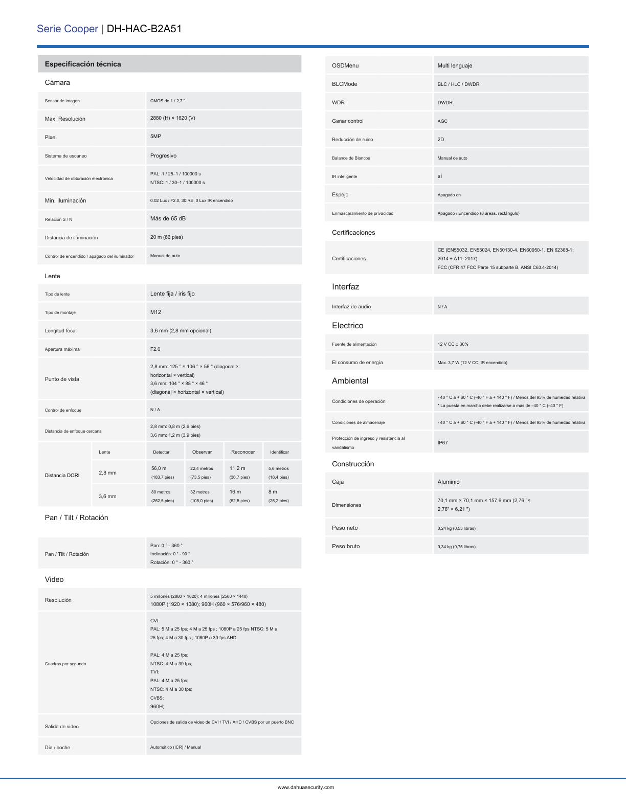 Camara Dahua HAC-B2A51N-0280B-S2 bullet 5mpx lente 2.7 mm IR 20 m 106 gds metalica exterior IP67