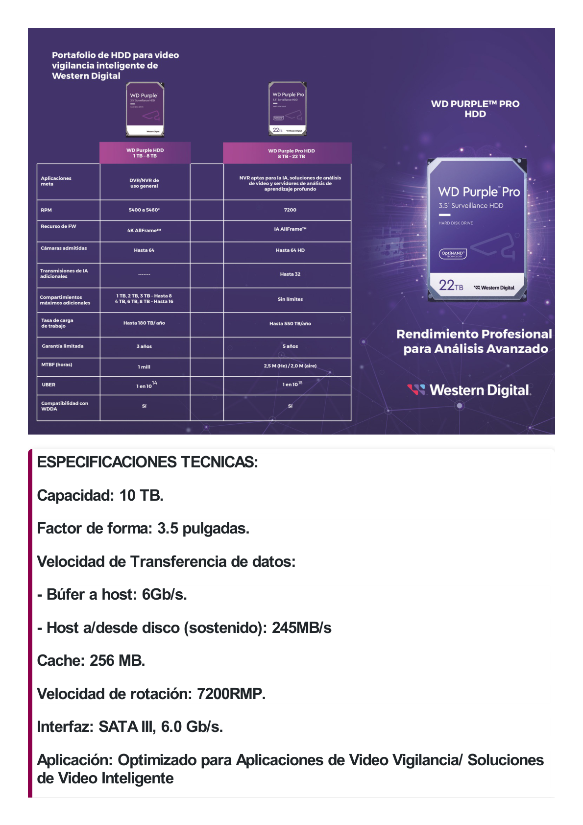 Disco Duro Purple Pro de 10 TB / 7200 RPM / Optimizado para Soluciones de Videovigilancia con Analiticos (Meta Data) / Uso 24-7 / 5 Años de Garantia