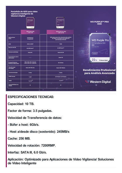 Disco Duro Purple Pro de 10 TB / 7200 RPM / Optimizado para Soluciones de Videovigilancia con Analiticos (Meta Data) / Uso 24-7 / 5 Años de Garantia