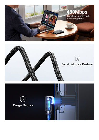 Cable USB-A a USB-C | 1 Metro | Conector con Ángulo Recto de 90° | Carga Rápida de hasta 60W | 480 Mbps | PD3.0 | QC4.0/3.0/2.0 | FPC | AFC | Protección Integrada| Caja de Aluminio | Nylon Trenzado | Color Negro