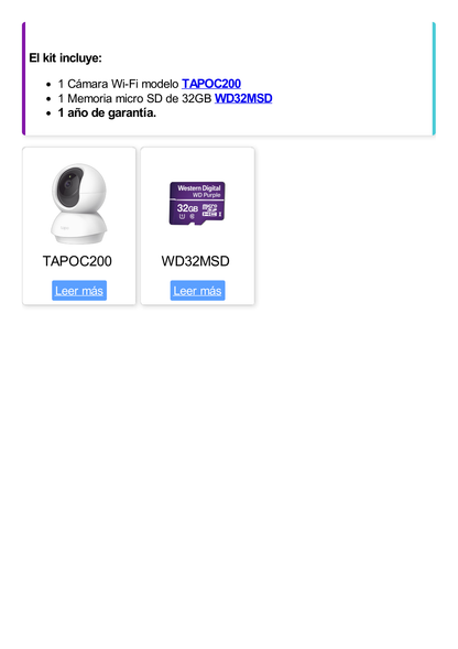 Kit de Cámara IP Wi-Fi / Incluye 1 Pieza Modelo TAPOC200 / 2 Megapixel / Audio Doble Vía /  Utiliza La App Tapo / 1 Memoria Micro SD Modelo  Mod WD32MSD