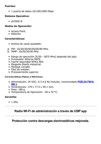 NanoStation airMAX Loco5AC CPE hasta 450 Mbps, 5 GHz (5150 - 5875 MHz), con antena integrada de 13 dBi, no incluye adaptador PoE