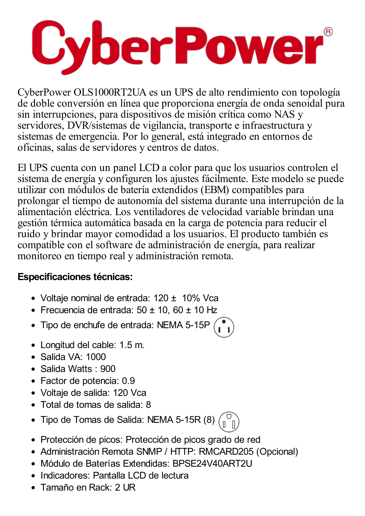 UPS Smart App Online S de 1000 VA/900 W, Online Doble Conversión, Entrada 120 Vca NEMA 5-15P, Onda Senoidal Pura, Rack o Torre de 2 UR, Con 8 Tomas NEMA 5-15R