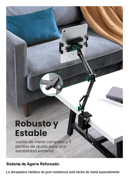 Soporte para Tableta con Brazo tipo Perezoso / Brazo Ajustable y Cabezal de 360° / 3 Perillas de Ajuste / Soporta dispositivos de 4'' a 12.9'' de hasta 1.5 KG / ABS + Metal de Alta Calidad.