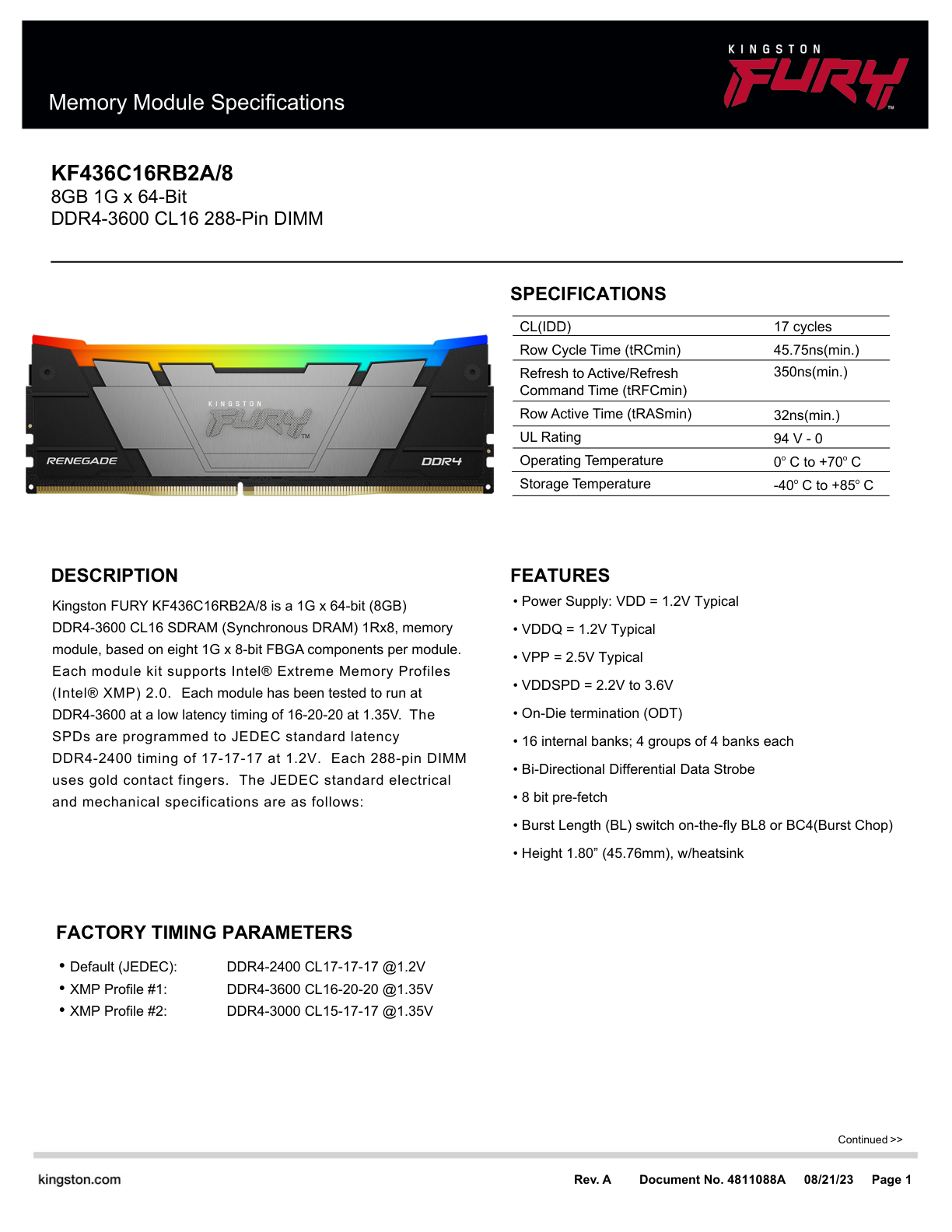 Memoria  Kingston 8GB DDR4 3600Mhz Fury Renegade RGB