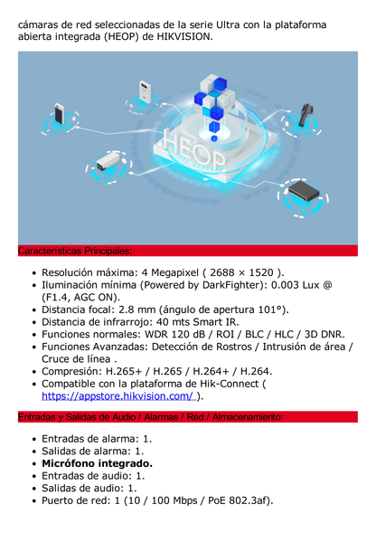 Domo IP 4 Megapixel / Lente 2.8 mm / 40 mts IR / Exterior IP67 / IK10 / Microfono Integrado / DARKFIGHTER / Audio y Alarma I/O / PoE / ONVIF / Micro SD / 4 Analíticos: AcuSense, Detección Facial, Conteo de Personas por Cruce y Zona