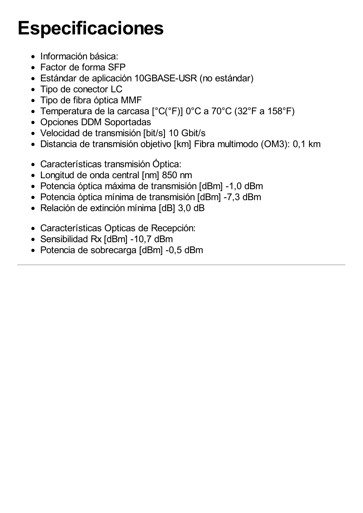 Transceptor Optico SFP+ MiniGibic / 10Gbps de velocidad / Multimodo / 850nm / Hasta 100m de distancia / Conector LC