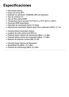 Transceptor Optico SFP+ MiniGibic / 10Gbps de velocidad / Multimodo / 850nm / Hasta 100m de distancia / Conector LC