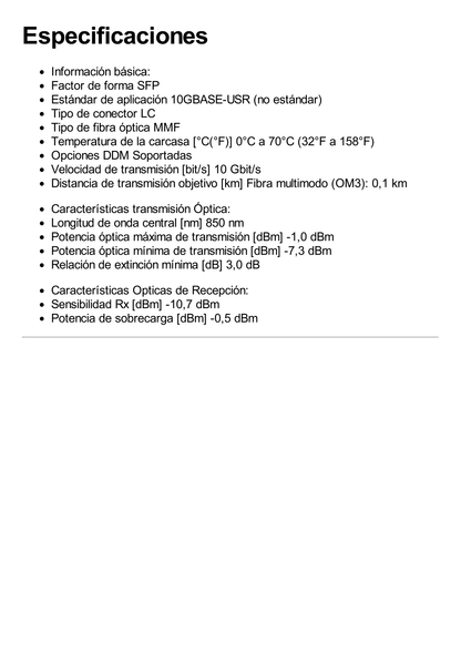 Transceptor Optico SFP+ MiniGibic / 10Gbps de velocidad / Multimodo / 850nm / Hasta 100m de distancia / Conector LC