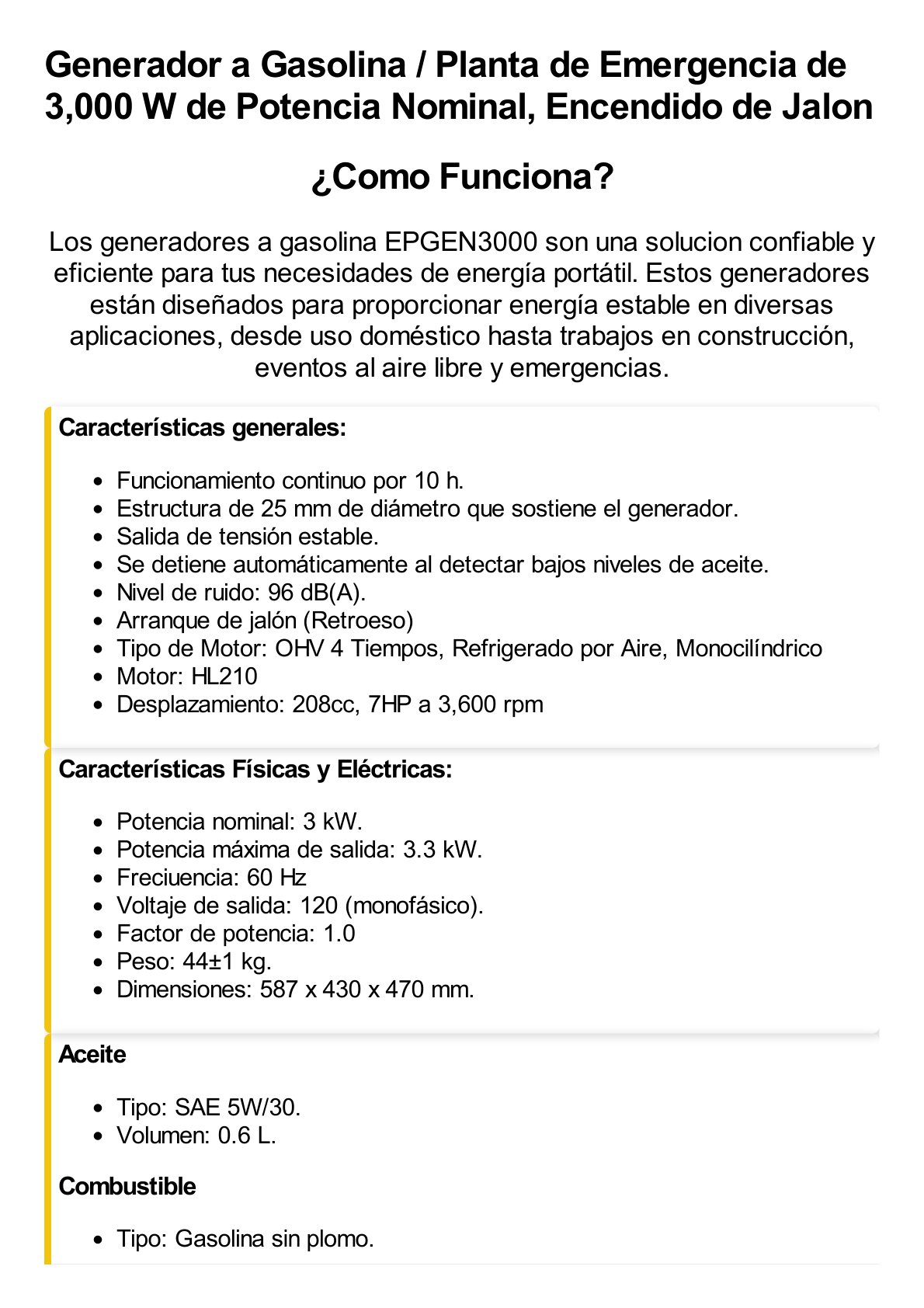 Generador a Gasolina / Planta de Emergencia 3kW, 110Vca, Encendido de Jalón, Jaula con Ruedas para Fácil Traslado