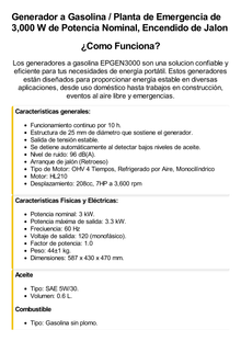 Generador a Gasolina / Planta de Emergencia 3kW, 110Vca, Encendido de Jalón, Jaula con Ruedas para Fácil Traslado