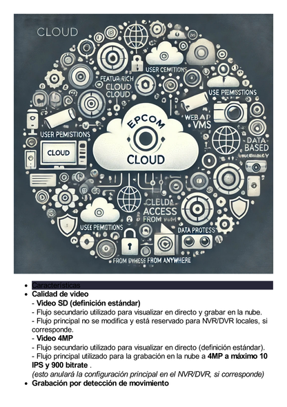 Suscripción Anual Epcom Cloud / Grabación en la nube para 1 canal de video a 4MP con 30 días de retención / Grabación por detección de movimiento