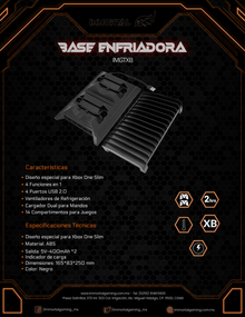 BASE ENFRIADORA PARA XBOX ONE S IMMORTAL GAMING 4 EN 1 4 PUERTOS USB DISIPACION DE CALOR 14 ESPACIOS PARA JUEGOS CARGADOR DUAL