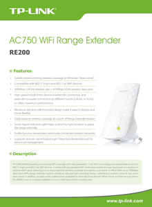 Extensor de rango inalámbrico TP-Link RE200 AC750 banda dual 1 puerto RJ45 Ethernet 10/100M