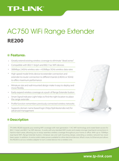 Extensor de rango inalámbrico TP-Link RE200 AC750 banda dual 1 puerto RJ45 Ethernet 10/100M