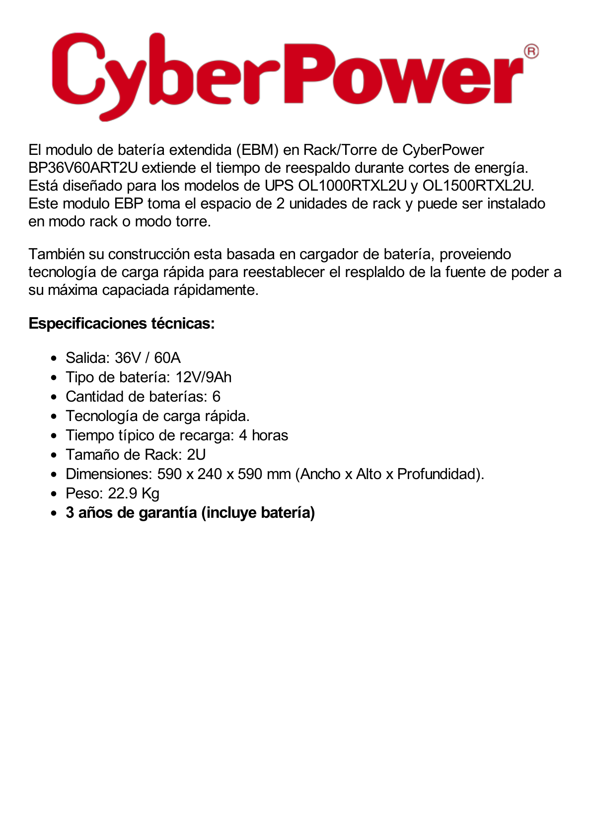 Módulo de Baterías Externas, Para Extensión de Tiempo de Respaldo, Para UPS Serie OL Modelos OL1500RTXL2U y OL1000RTXL2U