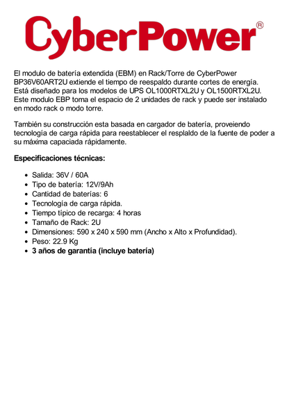 Módulo de Baterías Externas, Para Extensión de Tiempo de Respaldo, Para UPS Serie OL Modelos OL1500RTXL2U y OL1000RTXL2U