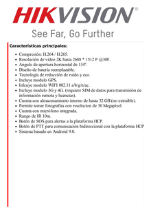 Body Camera Portátil / Grabación a 2K / Pantalla 2.4" LCD / IP67 / H.265 / 32 GB de Almacenamiento / GPS / WIFI / 3G y 4G / Fotos de Hasta 30 Megapixel / Micrófono Integrado