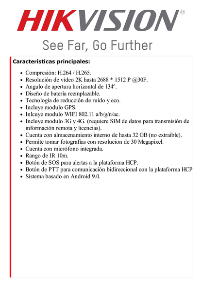 Body Camera Portátil / Grabación a 2K / Pantalla 2.4" LCD / IP67 / H.265 / 32 GB de Almacenamiento / GPS / WIFI / 3G y 4G / Fotos de Hasta 30 Megapixel / Micrófono Integrado