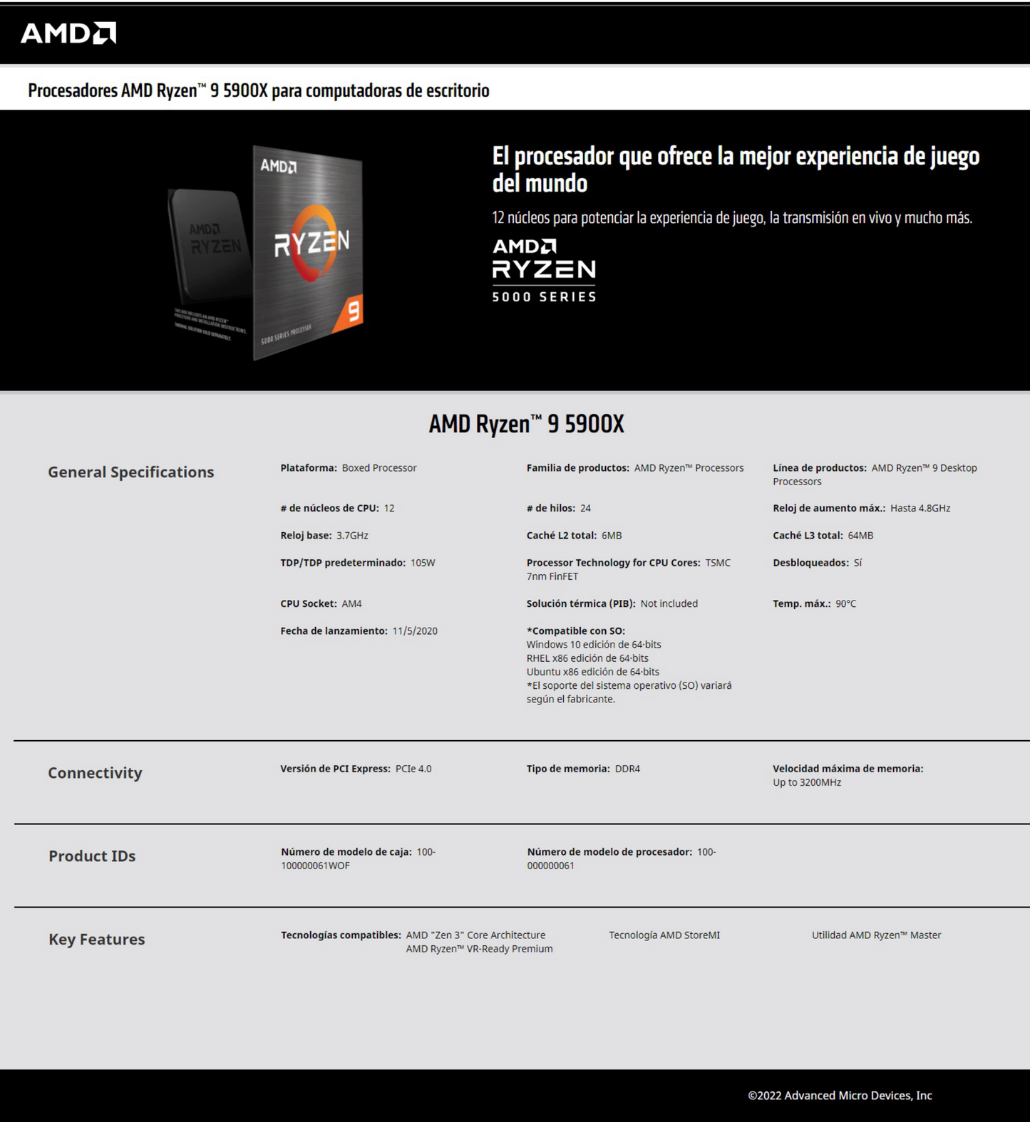 Procesador AMD Ryzen 9 5900X sin disipador y graficos socket AM4 12Core 3.7Ghz 105w Zen 3