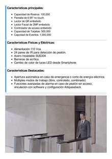 Torniquete con Reconocimiento Facial y Lector QR Embebidos / CENTRAL / 100 mil usuarios / Carril de 90 Cms / Requiere Torniquete Izquierdo y Derecho