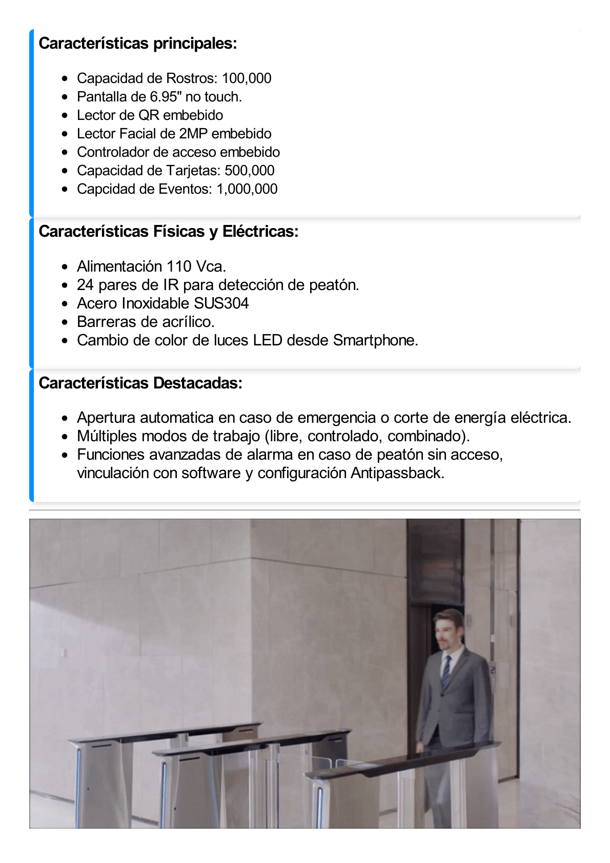 Torniquete con Reconocimiento Facial y Lector QR Embebidos / IZQUIERDO / 100 mil usuarios / Carril de 90 Cms / Requiere Torniquete Derecho