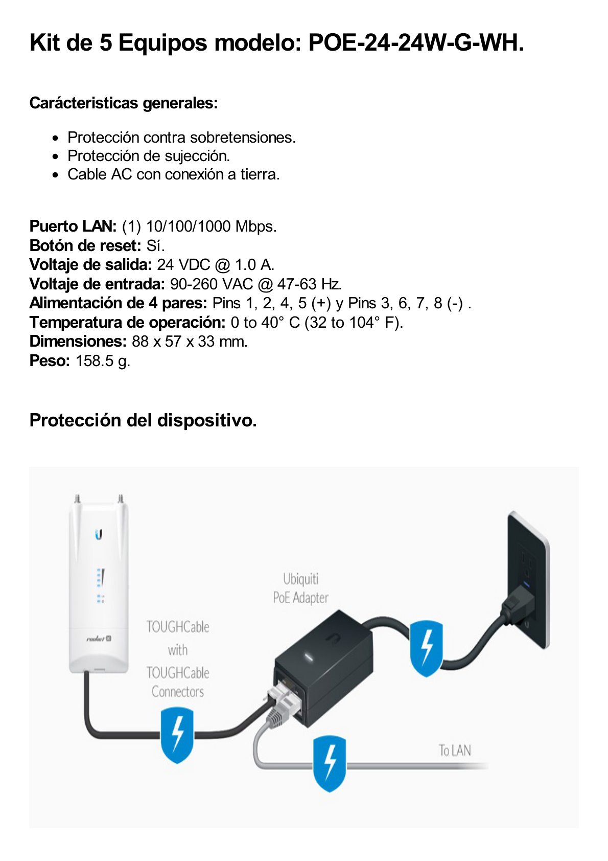 5 Unidades del Adaptador PoE Ubiquiti de 24 VDC, 1.0 A con puerto Gigabit, color blanco