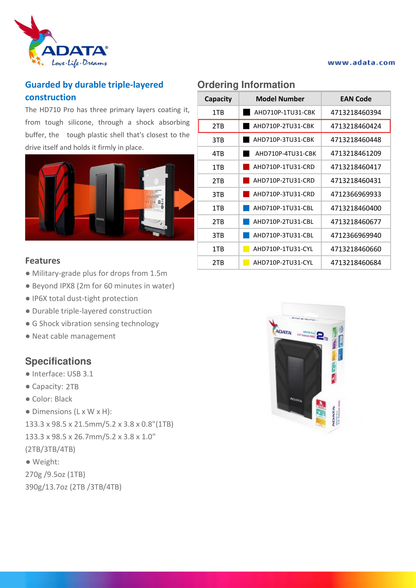 HD EXT 2 TB ADATA 2.5 USB 3.1 AHD710P-2TU31-CBK CONTRA  AGUA Y GOLPES NEGRO