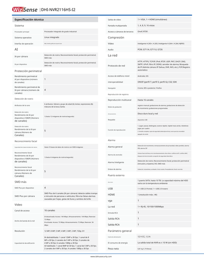 NVR Dahua DHI-NVR2116HS-I2 8 mpx 16 canales IP con IA rendimiento de 144 mbp HDMI&VGA