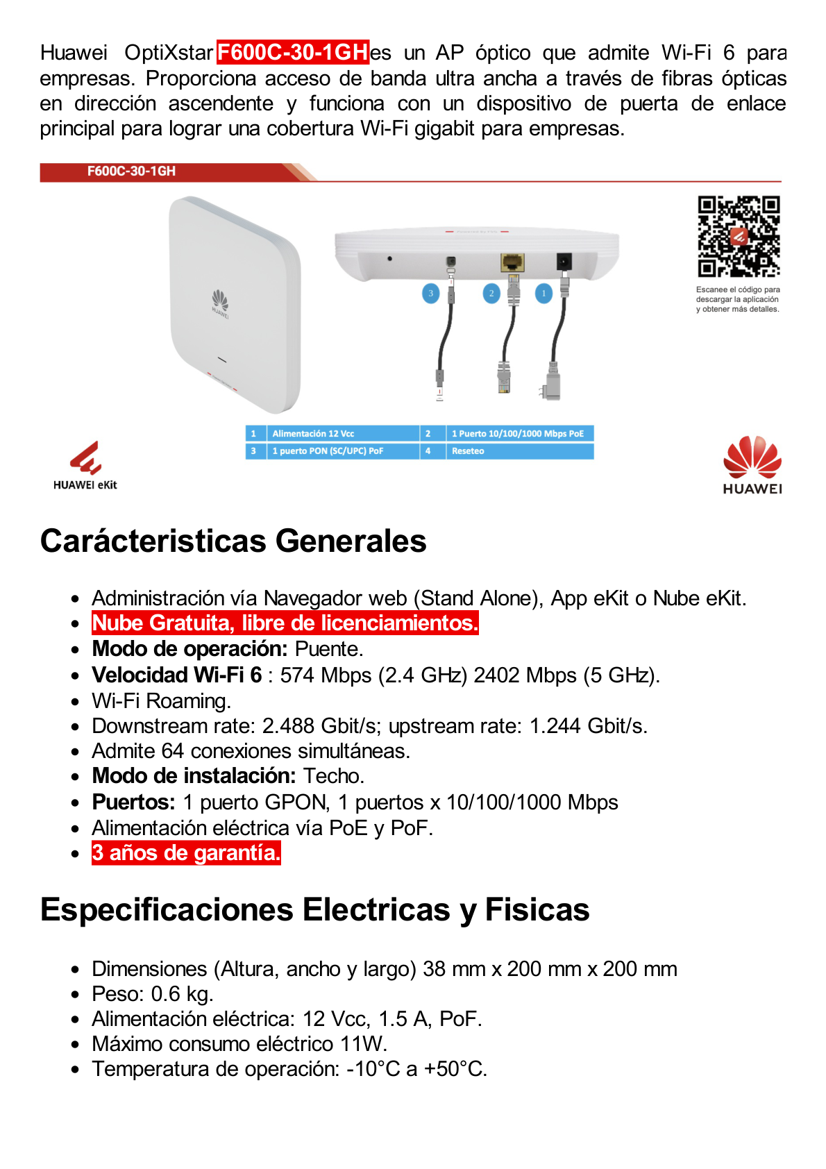 HUAWEI MiniFTTO - Punto de Acceso Óptico Wi-Fi 6 / 2.976 Gbps / 1 puerto 10/100/1000 Mbps PoE + 1  GPON (SC/UPC) PoF / Downstream 2.488 Gbps / Upstream 1.244 Gbps / MIMO 2X2 / Ganancia de Antena 5dBi / Wi-Fi Roaming / Administración Nube