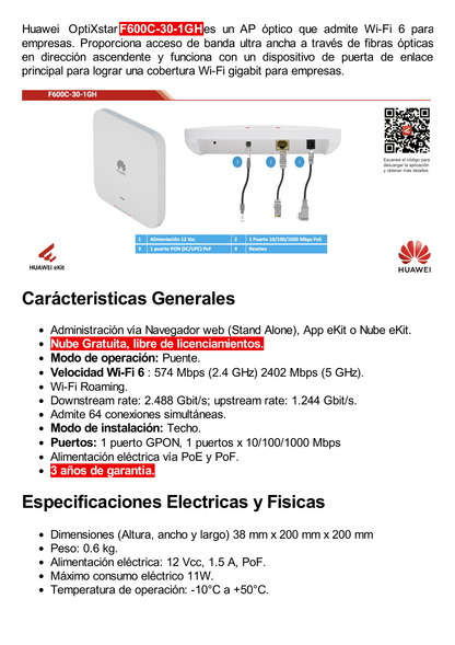 HUAWEI MiniFTTO - Punto de Acceso Óptico Wi-Fi 6 / 2.976 Gbps / 1 puerto 10/100/1000 Mbps PoE + 1  GPON (SC/UPC) PoF / Downstream 2.488 Gbps / Upstream 1.244 Gbps / MIMO 2X2 / Ganancia de Antena 5dBi / Wi-Fi Roaming / Administración Nube