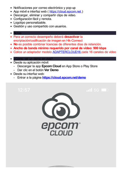 Suscripción Anual Epcom Cloud / Grabación en la nube para 1 canal de video a 4MP con 30 días de retención / Grabación por detección de movimiento