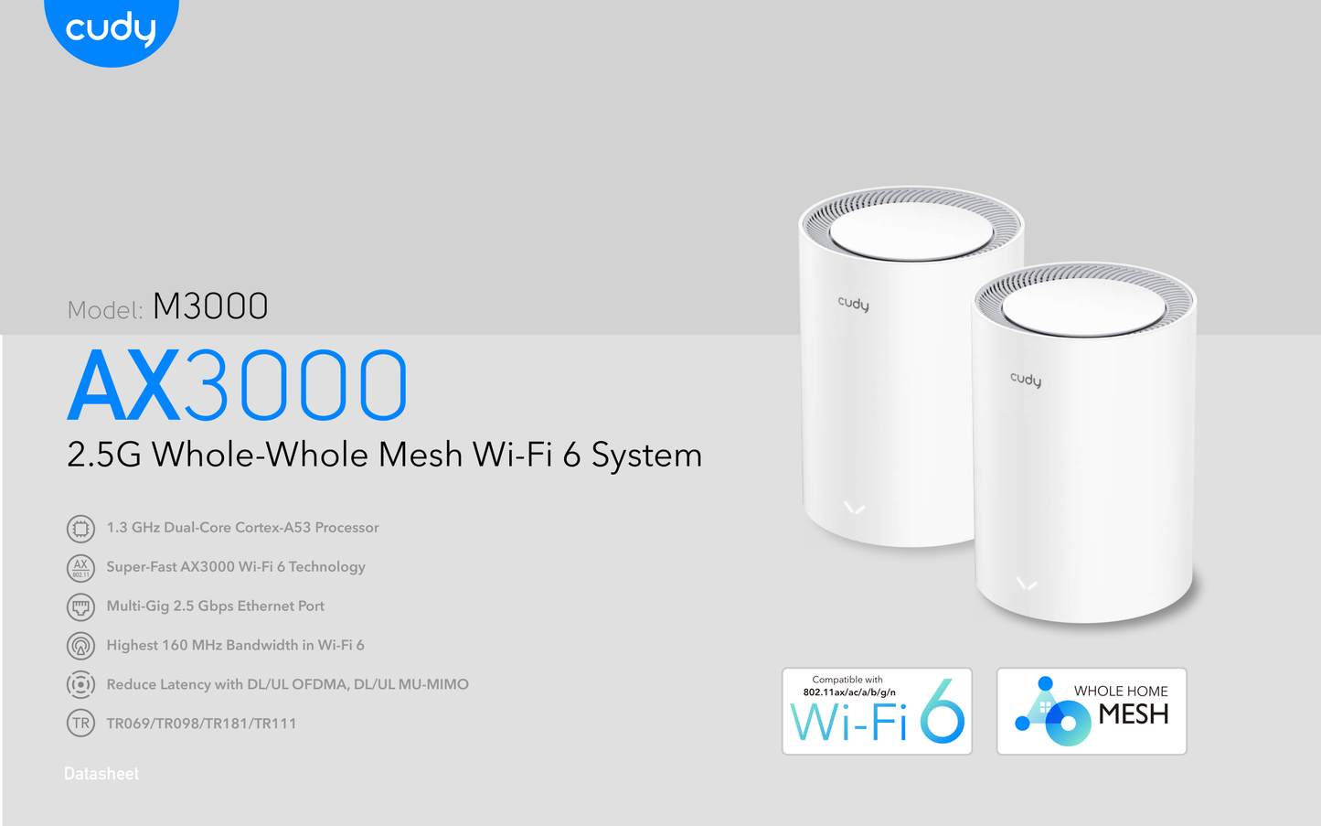 Sistema Mesh Cudy M3000 (2 piezas) Wi-Fi 6 AX3000 (1puerto WAN 2.5Gbps y 1 puerto RJ45 gigabit x pieza) MU-MIMO CPU 1.3GHz Dual Core