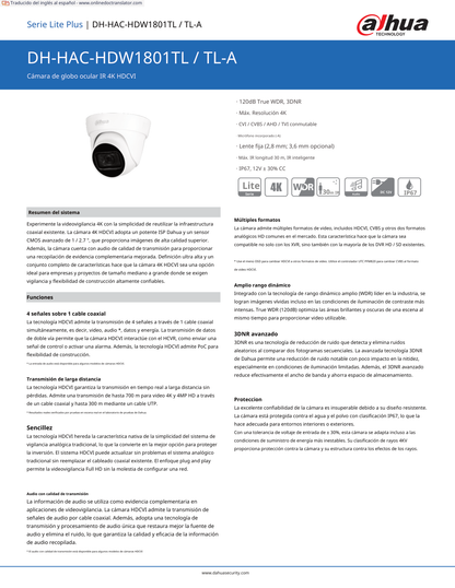 Camara Dahua DH-HAC-HDW1801TLMN-IL-A domo full color 4 k lente 2.8 mm IR 20 m metalica exterior microfono integrado iluminador dual inteligente IP67
