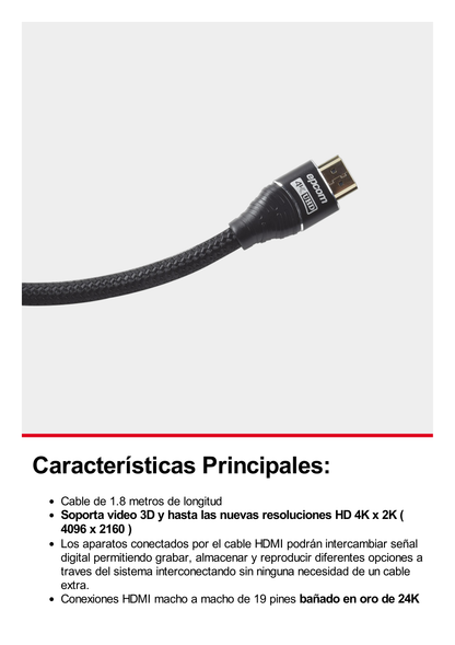 Cable HDMI Ultra-Resistente Redondo de 1.8m ( 5.9 ft ) Optimizado para Resolución 4K ULTRA HD