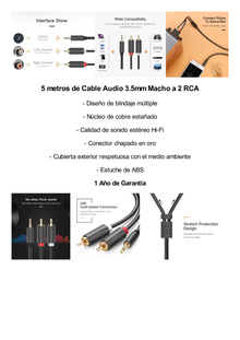 Cable Adaptador de 3.5mm Macho a 2 RCA Macho / 5 Metros / Color Gris / Blindaje Múltiple / ABS / Alta Calidad