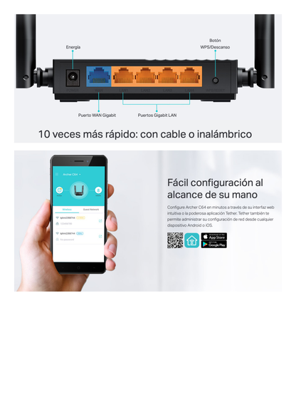 Router Inalámbrico AC 1200 / Doble Banda MU-MIMO / 1 puerto WAN 10/100/1000 Mbps / 4 puertos LAN 10/100/1000 Mbps / Compatible con EasyMesh / Administración Web o App Tether