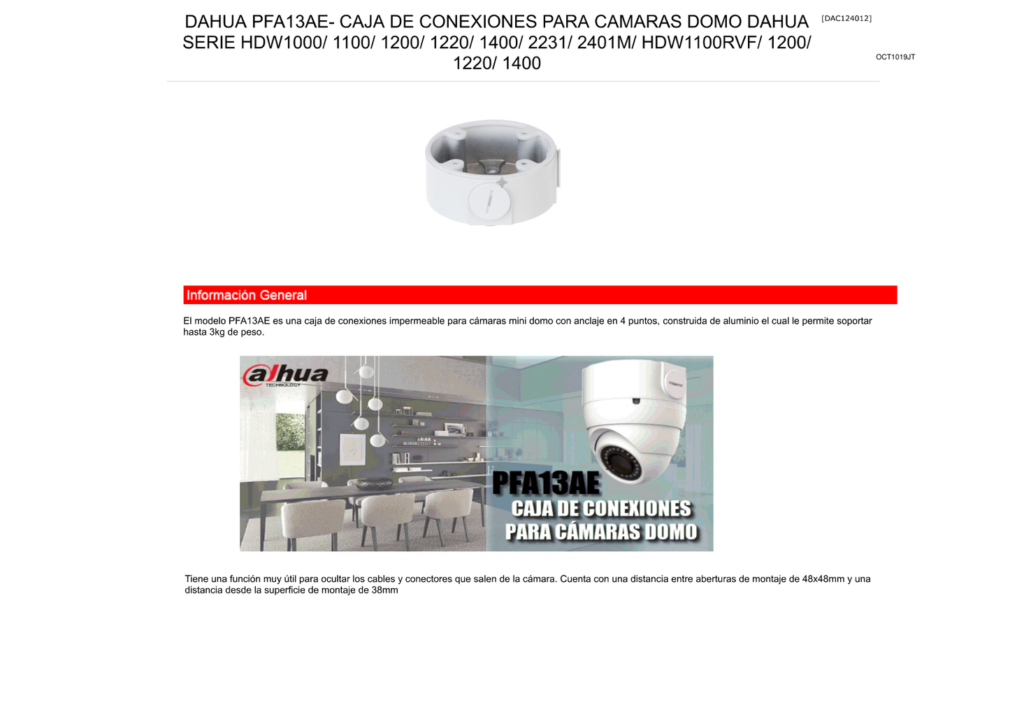 Caja Dahua DH-PFA13A-E de conexiones para camaras domo