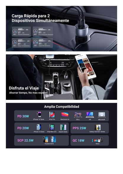 Cargador de Auto 42.5W | Puerto USB-A y USB-C | Carga Rápida | Compatible con Vehículos de 12 y 24 VCD | PD3.0 + QC3.0 | Chip Inteligente | Diseño Compacto  Mayor Eficiencia Energética | Caja de Aluminio.